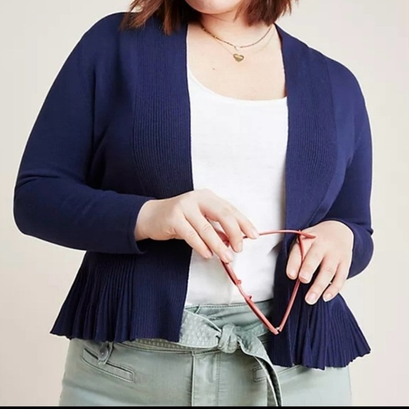 Anthropologie Navy Blue Size 2X Banlieue Cardigan Peplum Pleated Hem Open Front - Picture 1 of 11